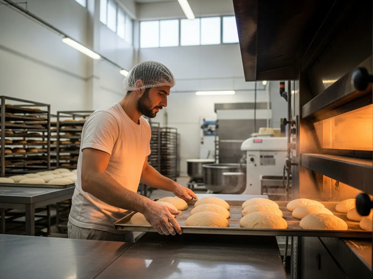 Bakery worker shaping and baking goods on a production line