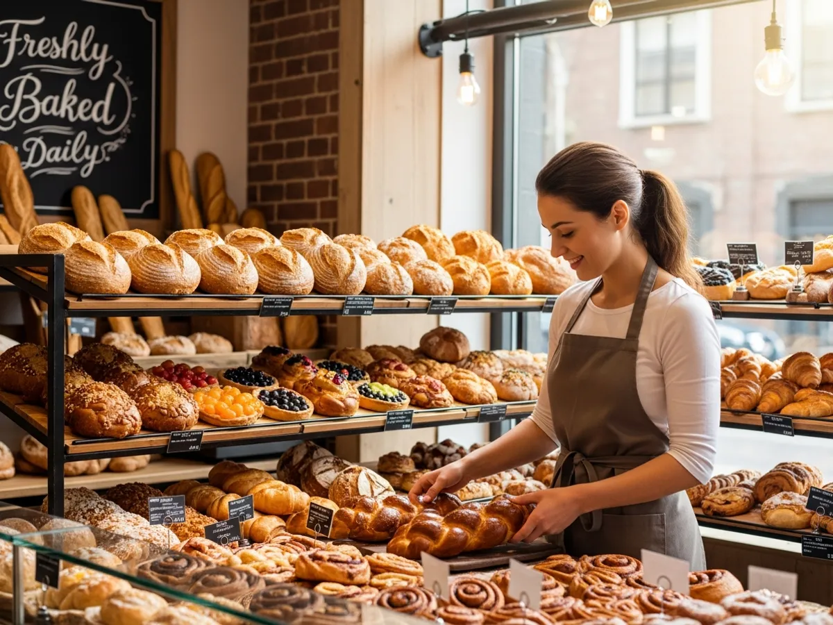 Bakery sales assistant serving baked goods to customers at the counter