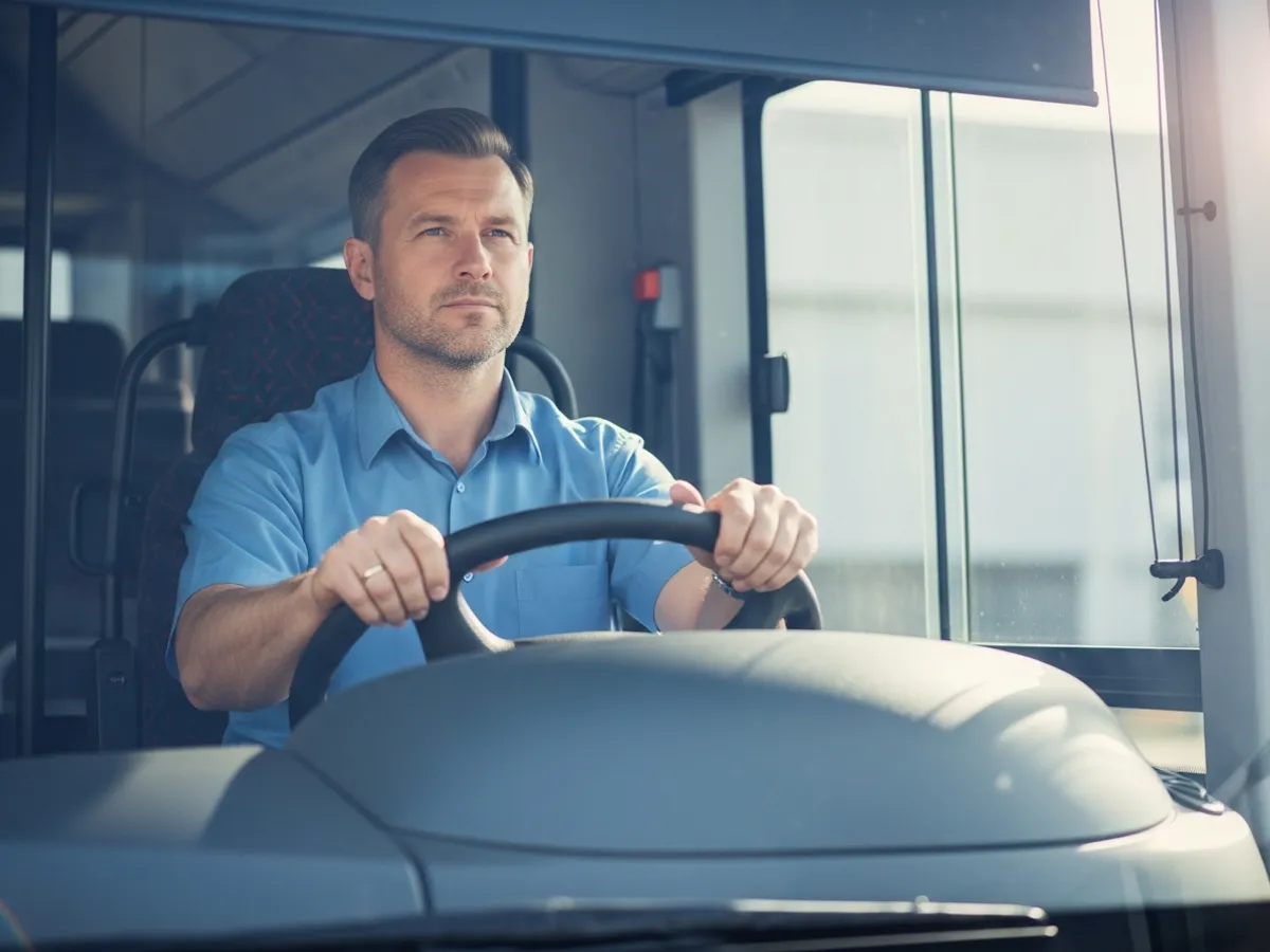 Bus driver at the wheel of a passenger bus on a regional route