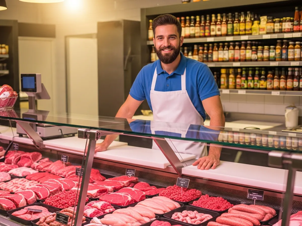Butcher preparing and serving cuts of meat behind a retail meat counter