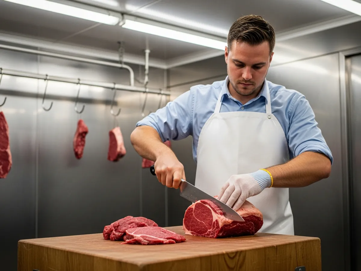 Butcher cutting and deboning meat in a meat-processing facility
