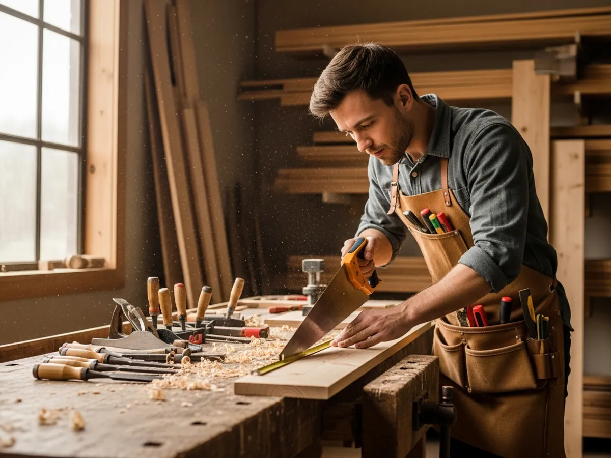 Carpenter sawing and shaping wood at a workbench in a workshop
