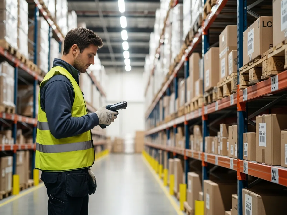 Warehouse order picker assembling orders with a handheld scanner