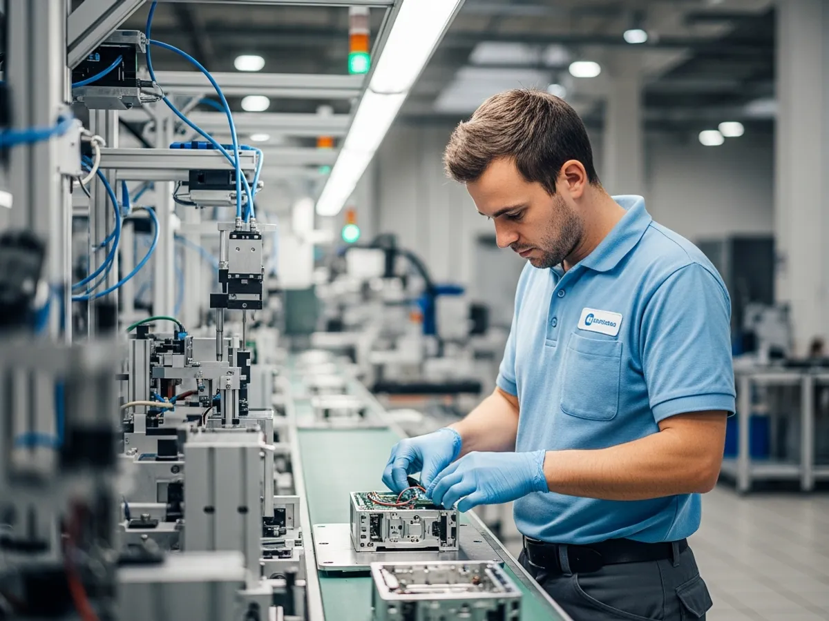 Production line worker operating machinery on a manufacturing line