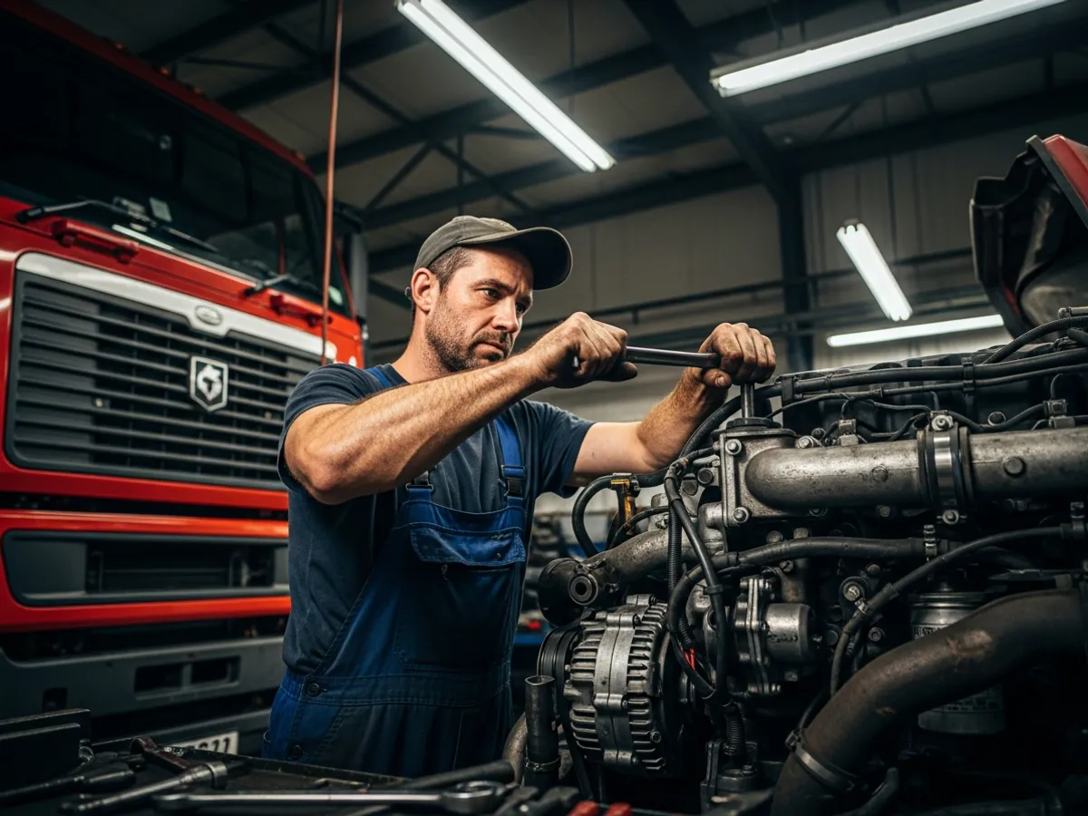 Truck mechanic repairing a heavy-duty diesel engine in a workshop